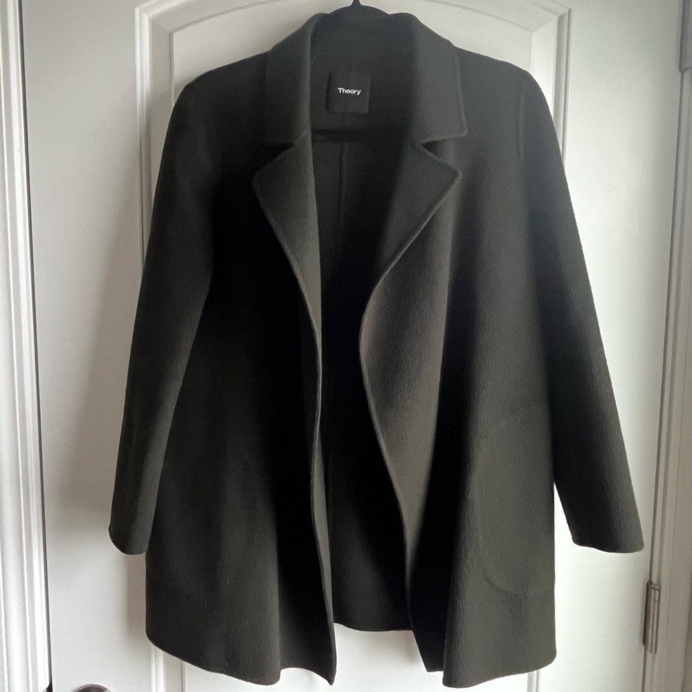 Theory Clairene New Divide Wool Cashmere Open Front Overlay Coat Dark Green - S